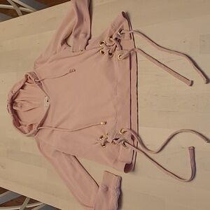 MICHAEL Michael Kors Waffle Knit Cotton Blend Side Tie Hoodie with Gold Hardware